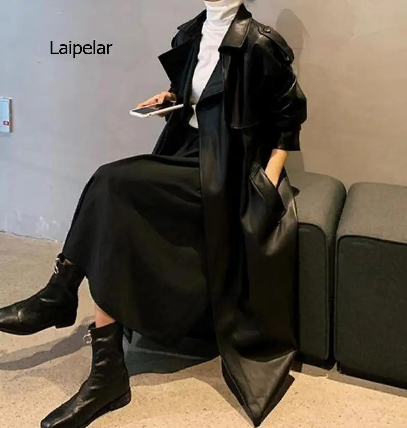 Spring Black Oversized Long Waterproof Leather Trench Coat for Women 2022 Long Sleeve Loose Korean Fashion Clothing