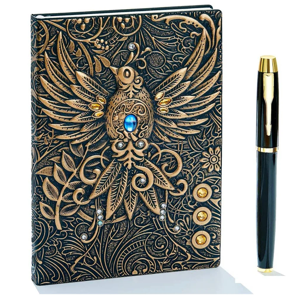 Vintage 3D Phoenix Embossed Leather Writing Journal with Golden Pen Set,A5,200 Pages, Antique Handmade Daily Notepad Sketchbook