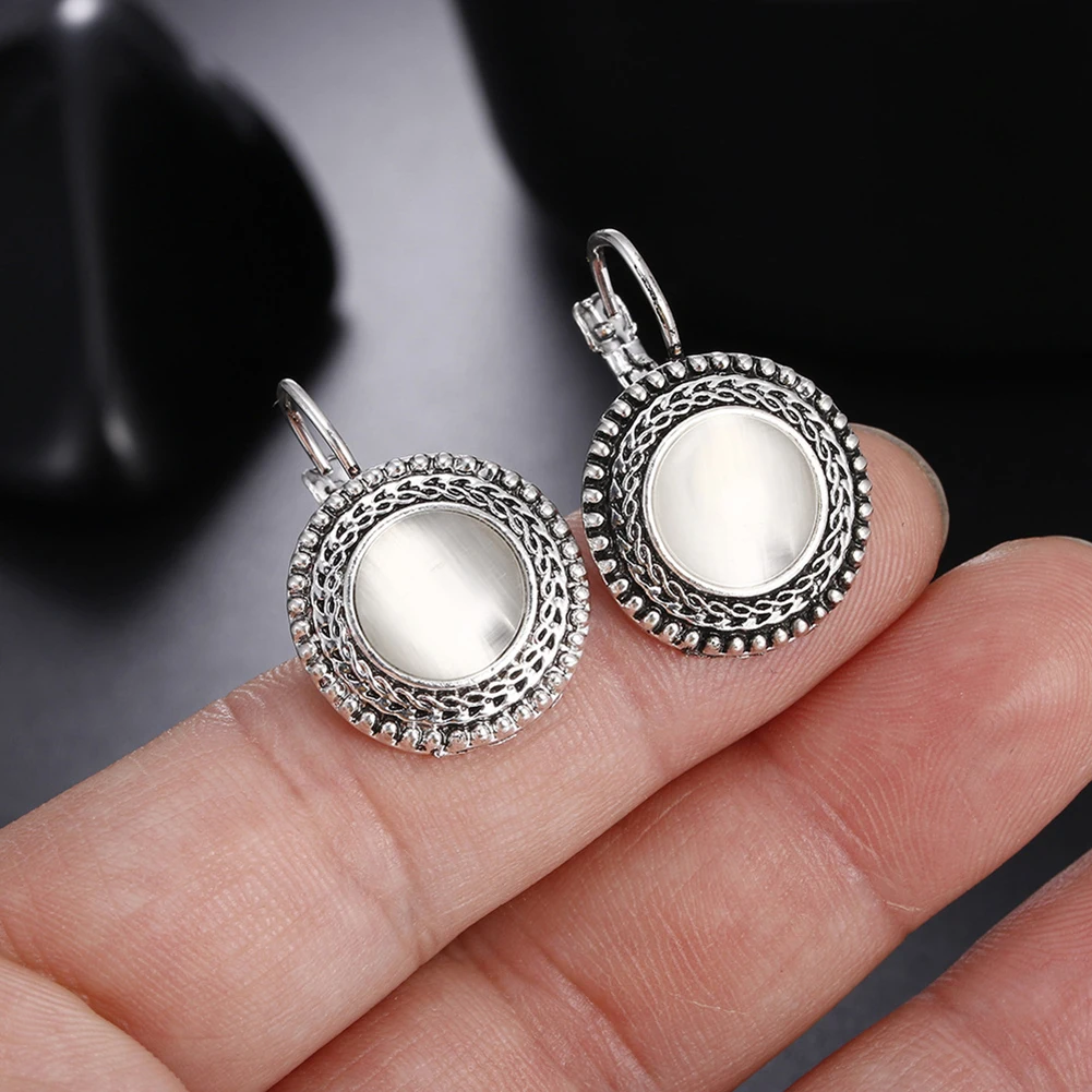 New Fashion Boho Big Drop Earrings For Women Jewelry  Carved Vintage Tibetan Silver Round Opal Bohemian Long Earrings Jewelry