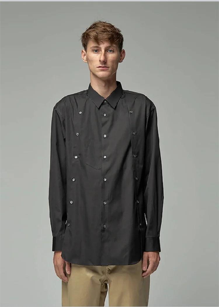 

Men's Long-Sleeve Shirt Spring Autumn New Personality Three-Row Button Square Collar Solid Color Stitching Loose Fashion Shirt