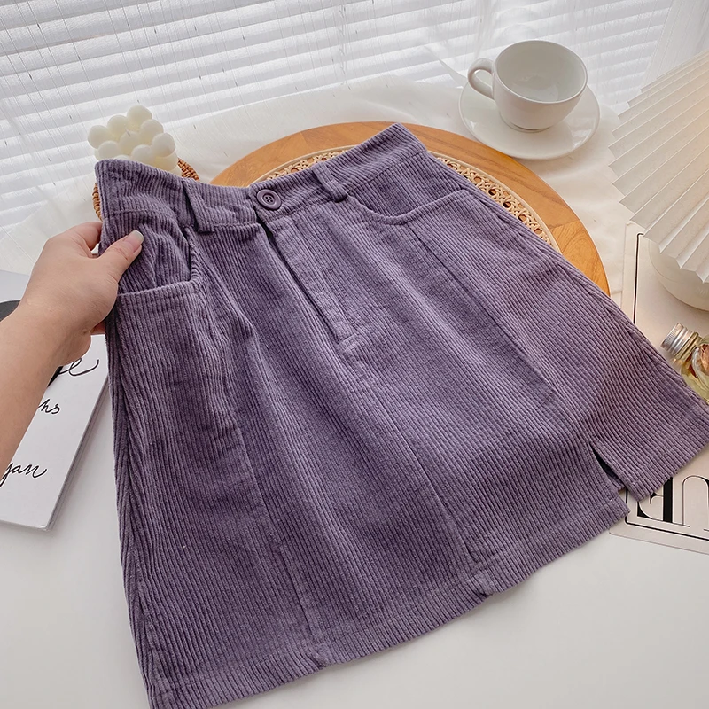 Corduroy High Waist Mini Skirts Hip-skitrt Fashion Vintage Solid All Match A Line Faldas Chic Side Slit Streetwear Leisure Ins