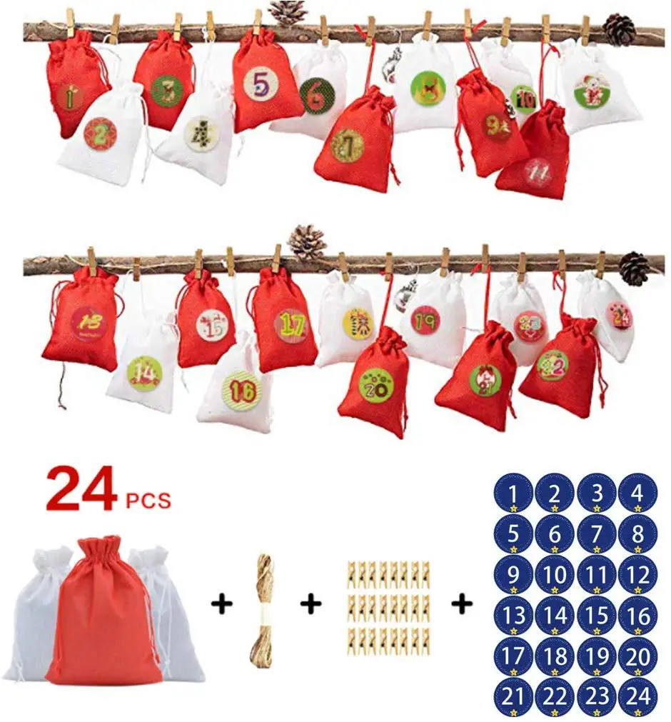 

24pcs/set christmas calendar advent Filling Candy Bag Stickers Clips Drawstring pouch