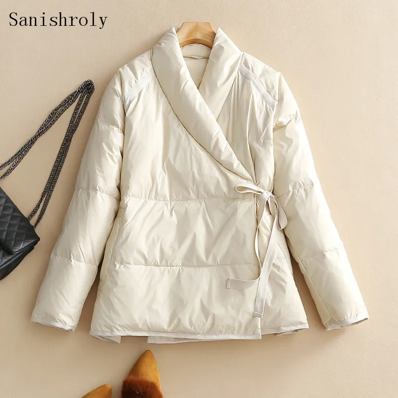 Vintage Oblique Collar 90%White Duck Down Coat Autumn Winter Women Tie Bow Short Oversize Jacket Lady Fashion Casual Down Parkas