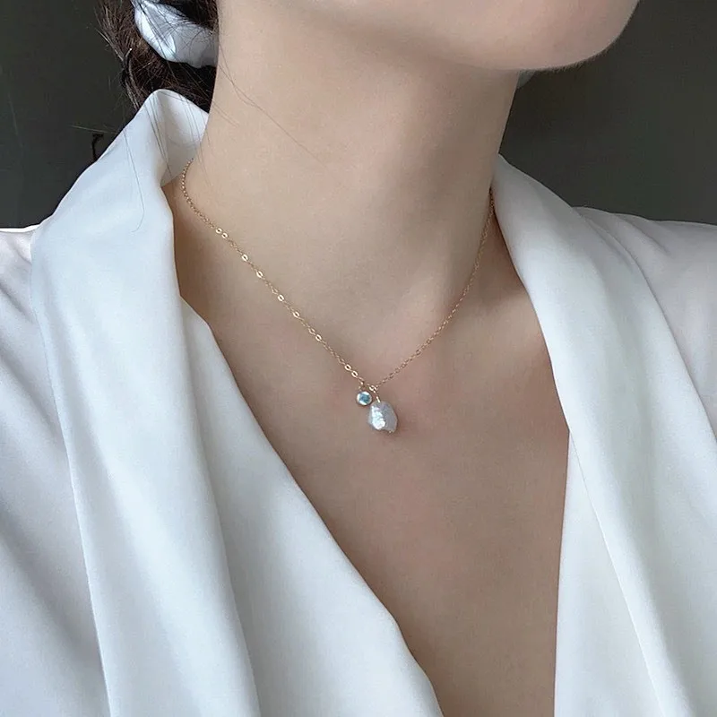 Upside Down Huge Irregular Shape Seedless Baroque Pearl Pendant Necklace Choker Blue Zircon 14K Gold Filled Chain Women Jewelry