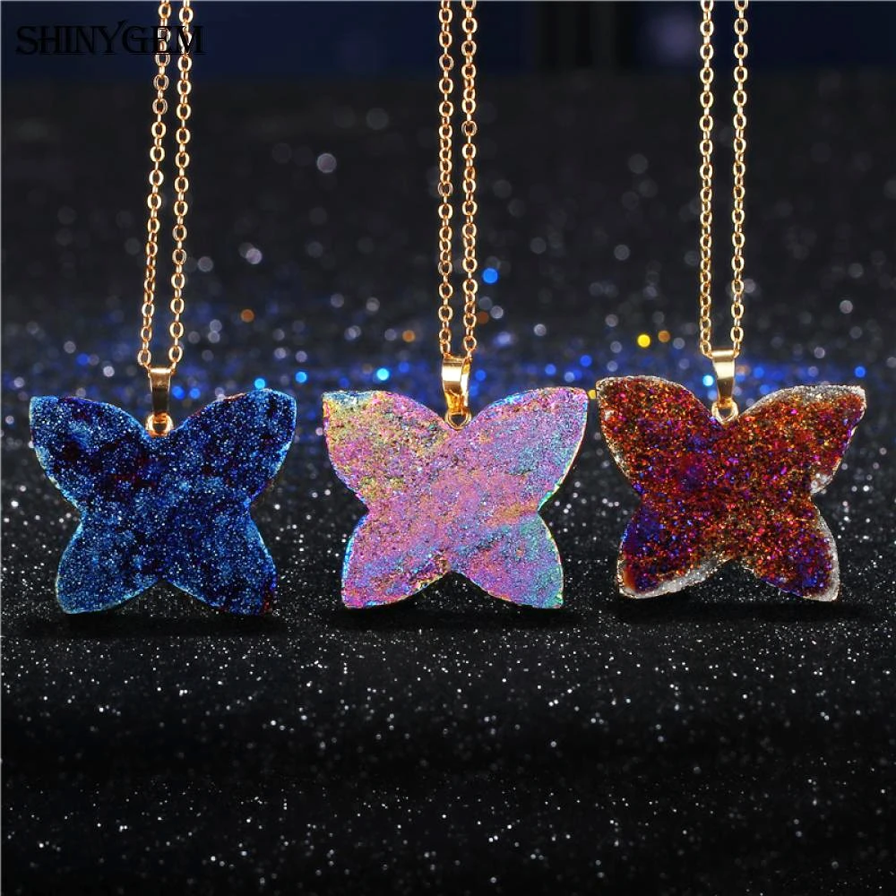 

ShinyGem Natural Quartz Butterfly Pendant Solid Stone Druzy Gold Crystal Necklaces For Women