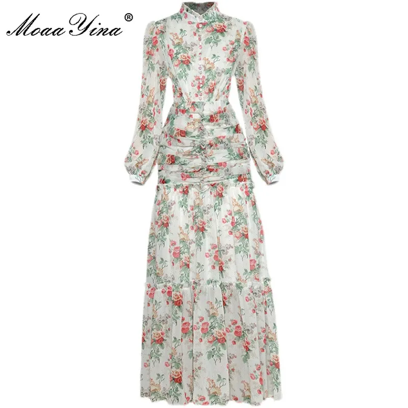 

MoaaYina Fashion Designer dress Spring Women Dress Lantern sleeve Single-breasted Floral print Chiffon Vacation Dress