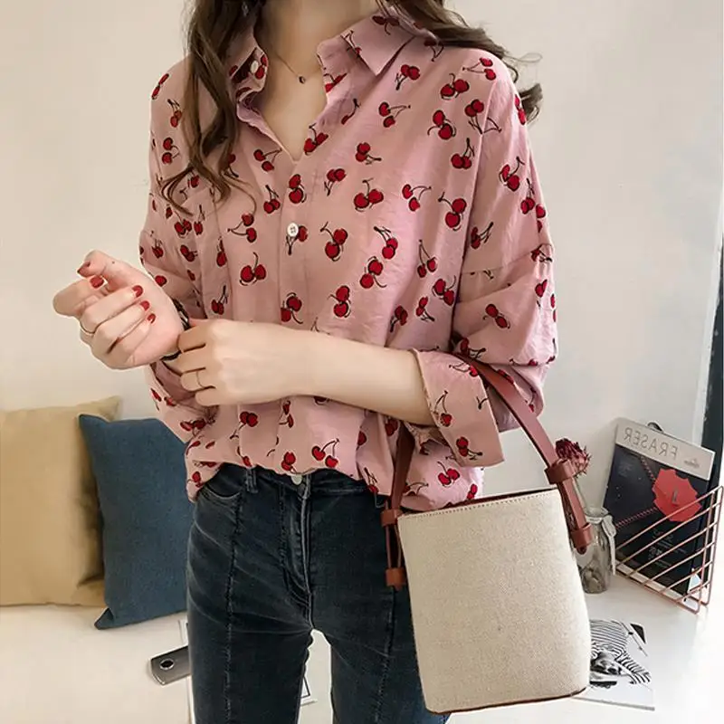 Long Sleeve Shirts Women New Spring Tunic Fashion Streetwear Cherry-print Ins Loose Mujer Vintage Pockets Korean Style College