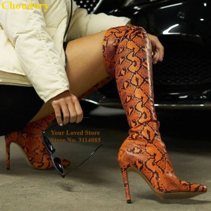 

Choudory Orange Grey Snakeskin Printed Long Boots Stiletto Heels Thigh High Boots Over The Knee Gladiator Python Boots Size47