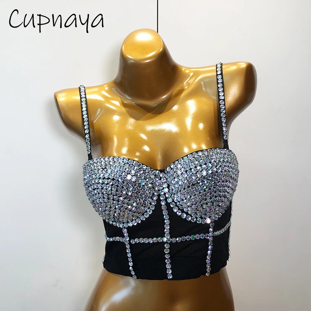 

Cupnaya Diamante Handmade Women Gauze Crop Top Sexy Push-Up Bustier Short Corset Bralette Camisole Shiny Clubwear White Black