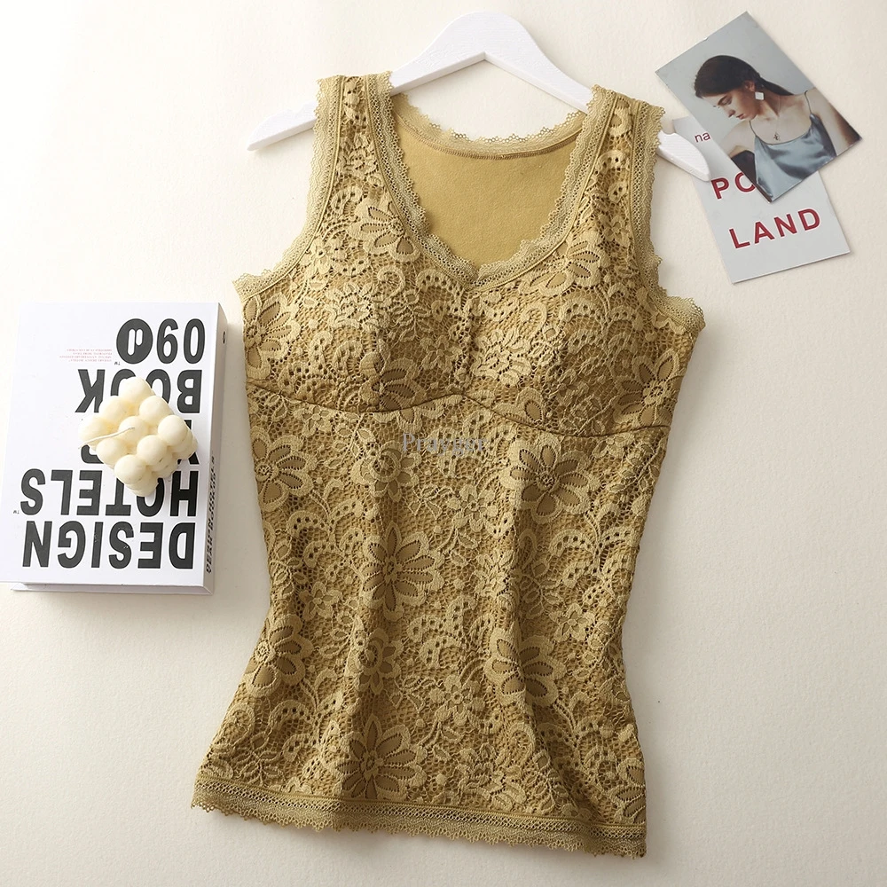 Women Thermal Underwear Winter Warm Body Tops Slim Waist Vest Lace Removable Pads