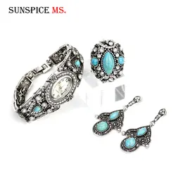 SUNSPICEMS Vintage Retro Silver Color Cuff Bracelet Watch Ring Drop Earring Blue Stone Full Rhinestone Bohemia Party Jewelry Set