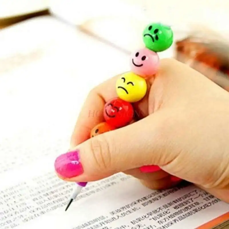 Cute seven-section pencil-free colored candy cane shape funny smiley expression fun student stationery