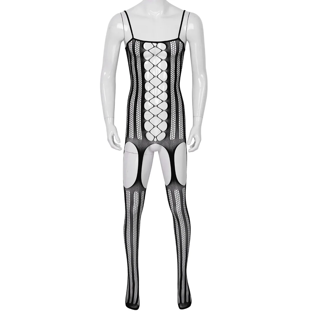 Men Sissy Crossdressing Lingerie See Through Gay Bodystocking Hollow Out/Crotchless Sheer Mesh Bodysuit Sexy Pantyhose Stockings