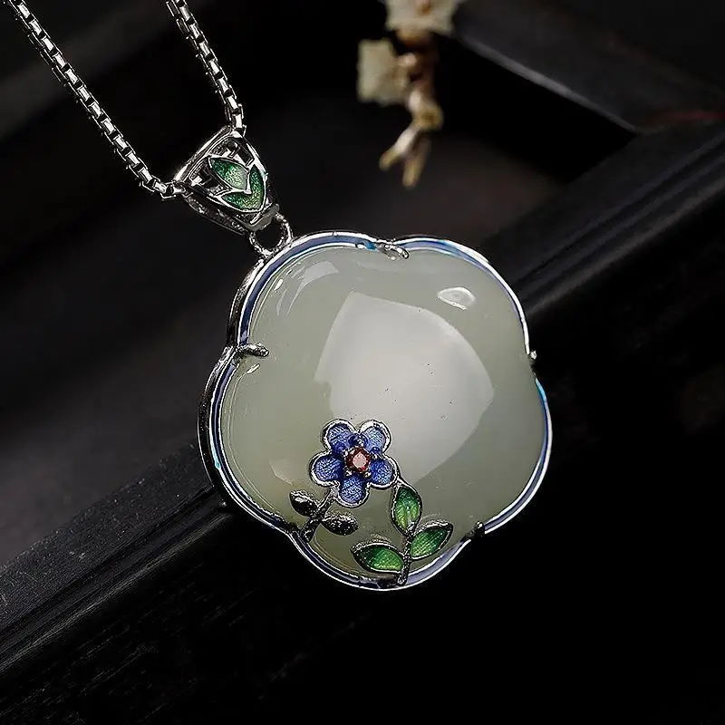 Natural Hetian Jade Plum Blossom Enamel Porcelain Pendant Necklace Chinese Style Retro Charm Women's Silver Jewelry