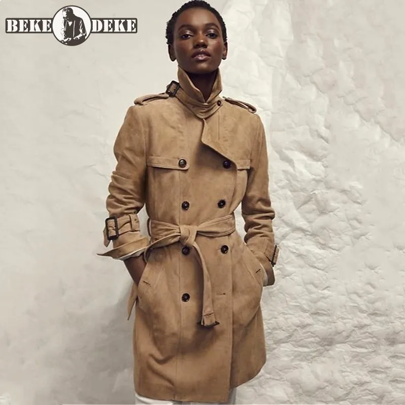 Italy Genuine Leather Jackets Women OL Style Belt Slim Fit Sheepskin Long Coat Runway Double Breasted Windbreaker Female XXS-L