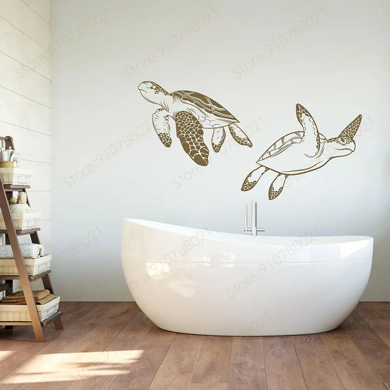 Juego de 2 pegatinas de pared de tortugas debajo del mar, decoración náutica de Vida Marina para el hogar, calcomanías para baño, decoración de la casa, papel tapiz para habitación S345