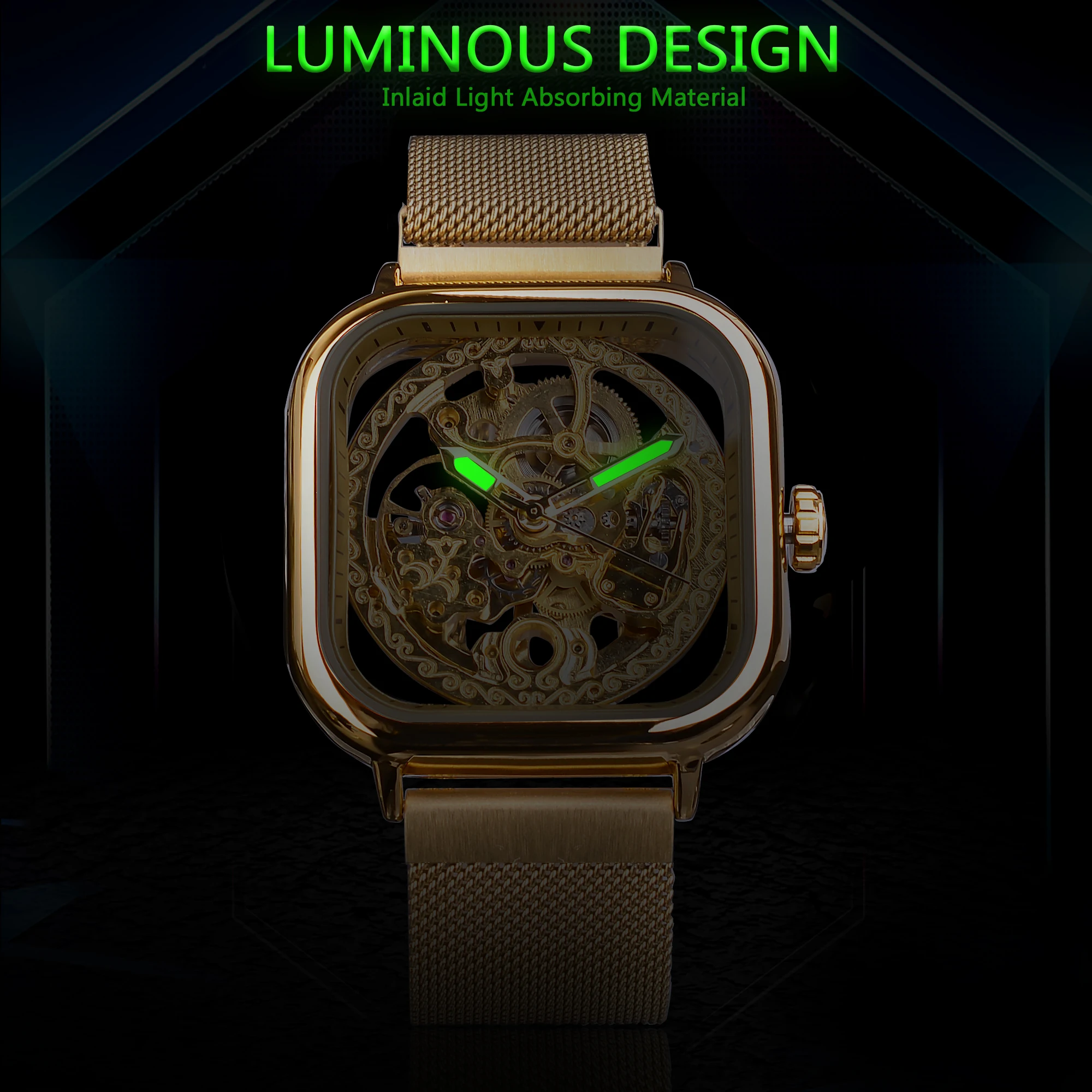 Forsining Golden Men Automatic Watch Square Skeleton Mesh Steel Band Mechanical Business Clock Relogio Masculino Erkek Kol Saati