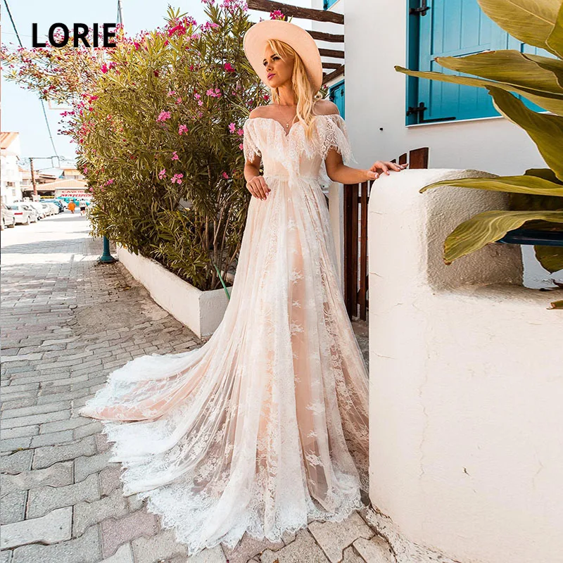 

LORIE Champagne Wedding Dresses Bohemian Cap Short Sleeves Vintage Wedding Gown Lace Beach Bridal Dress 2021 suknia ślubna