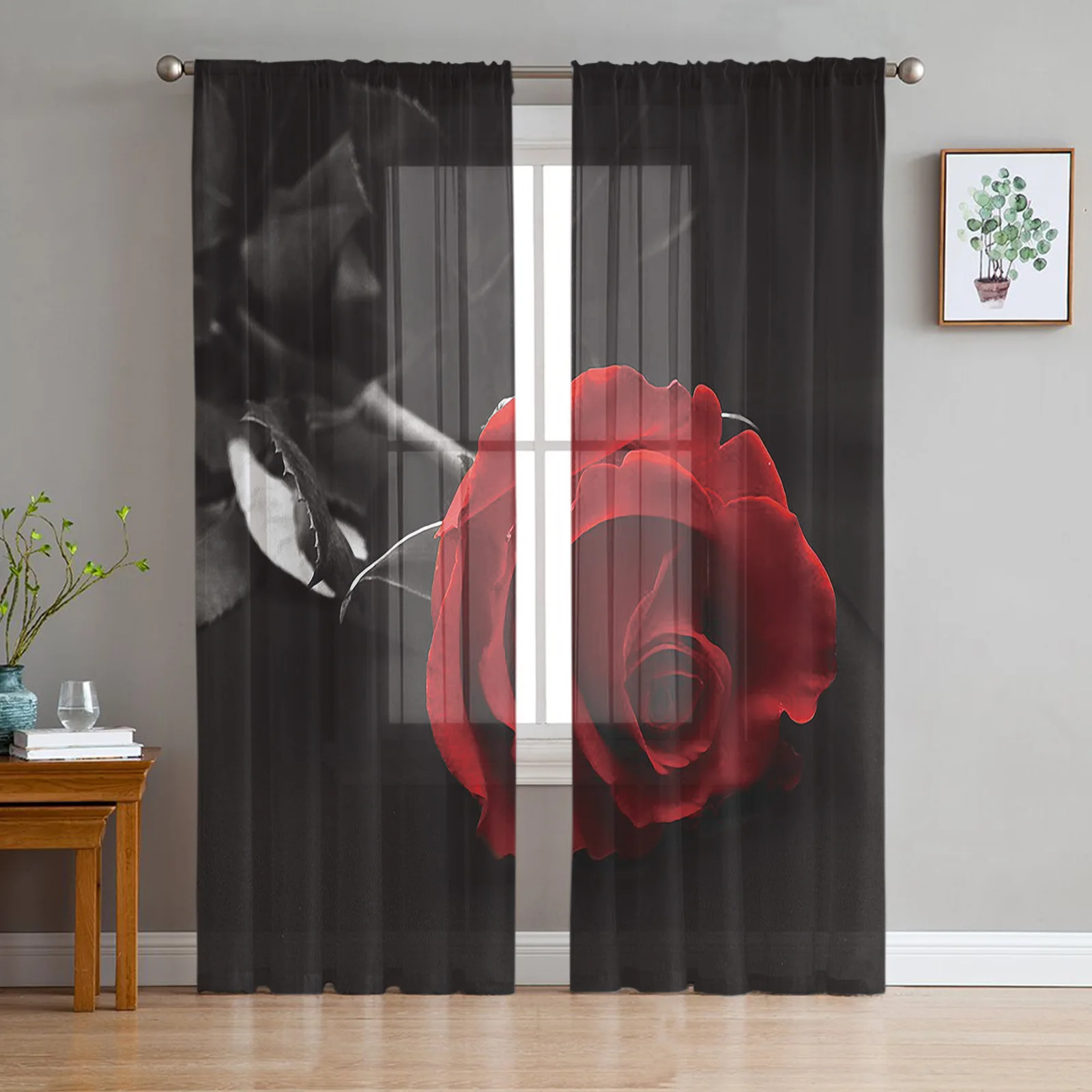 Red Rose Flower Black Modern Curtains For Living Room Transparent Tulle Curtains Window Sheer For The Bedroom Accessories Decor