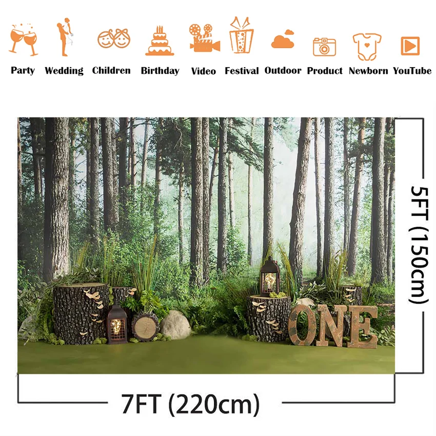 Safari Jungle Themeฉากหลัง1stวันเกิดWoodlandเค้กSmash Photo Boothพื้นหลังสตูดิโอสีเขียวป่าทารกแรกเกิดเด็กPhotocall