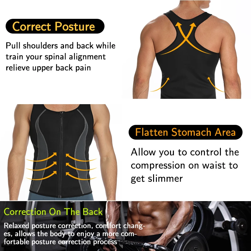 Mens Sauna Waist Trainer Corset Vest with Zipper for Weight Loss Hot Sweat Neoprene Body Shaper Gym Workout Compression Tank Top