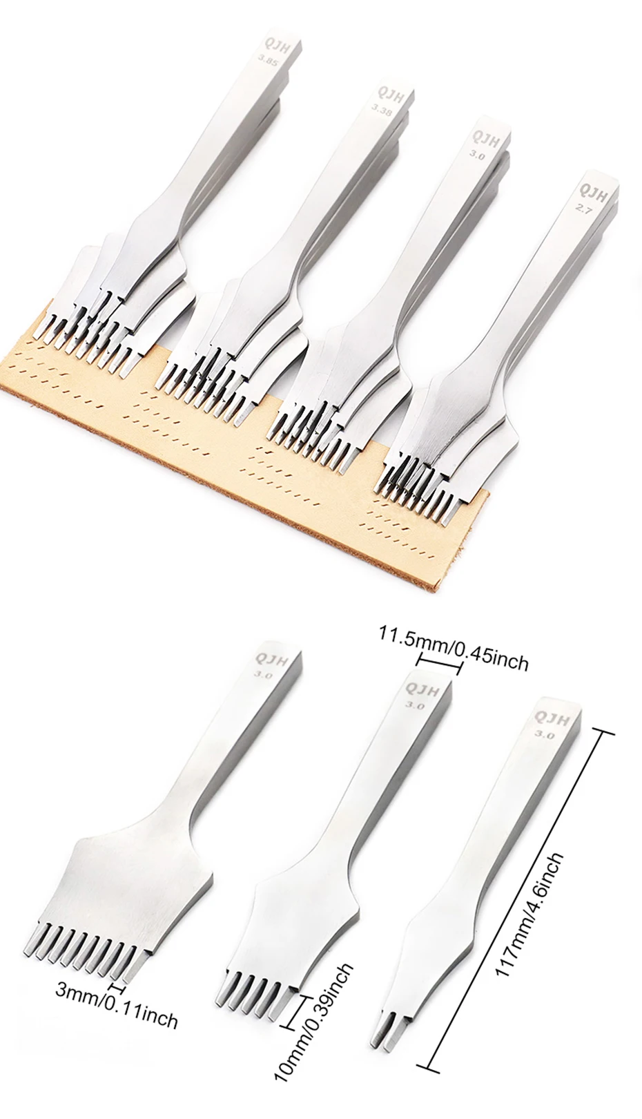 2.7/3.0/3.38mm Leder Handwerk schräg flach Diamant Stechen Eisen Set-2/3,85 Zinken Diamant Meißel hand gefertigte Bastel bedarf – Detail 5