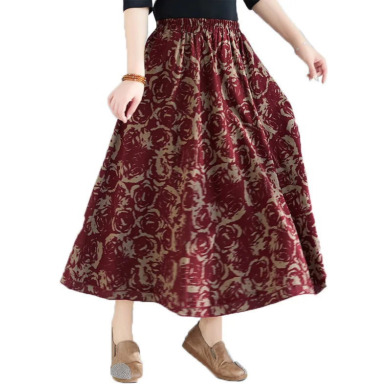 

Fashion Vintage Print Skirt Women's Skirts New 2022 Spring Autumn Skirt Elastic Waist High Waist Casual Loose Swing Skirt W31