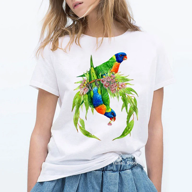 Lovely rainbow birds Cockatiel Parrot graphic t shirt women summer white short sleeve t-shirt cute top female t-shirt clothes