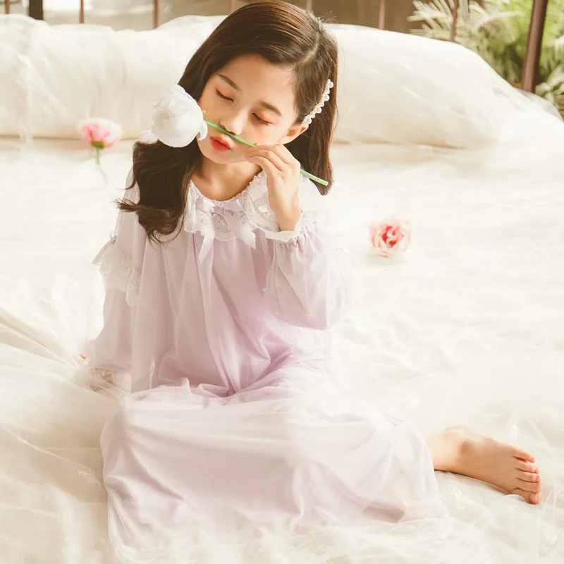 Girls lace sleep dress Teenage Girls Bow Tulle Long Nightgown Girl Bow princess nightdress Chidren kids Night Gown