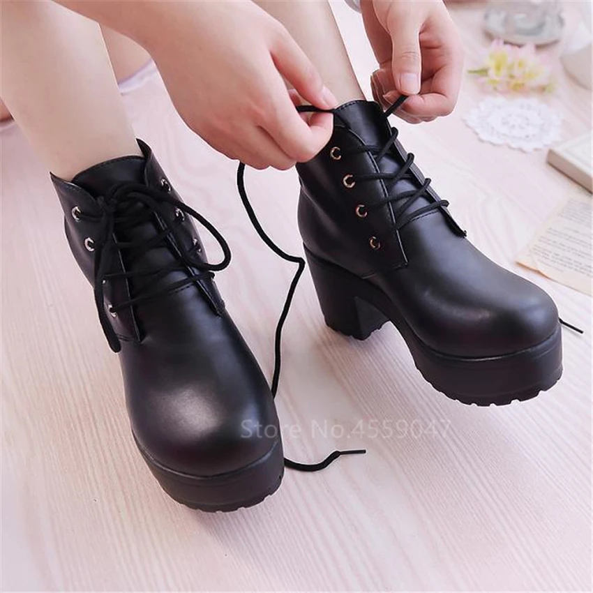 College giapponese Mori Girl Jk Uniform PU Leatehr Lace Up Platform stivali neri Lolita Gothic Round Head Mary Jane Strap Shoes