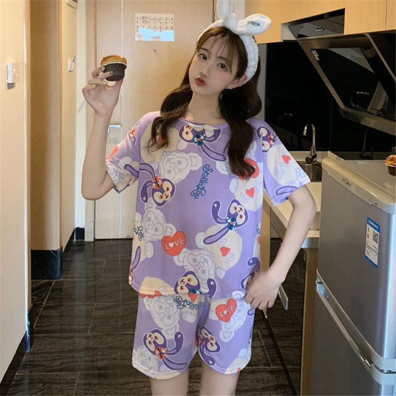 Disney summer pajamas Women cartoon bear Mickey print student thin short-sleeved cute shorts two-piece suit home service pajamas