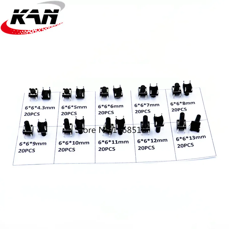 200pcs / 10 models 6*6 Light micro touch Switch sets Push Button Switch Kit , Height: 4.3MM - 13MM DIP 4Pin 6x6 Keys Tact ON/OFF