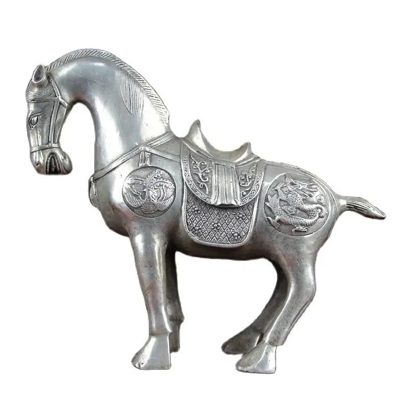 

China Old Feng Shui Ornaments White Copper Silver Plating Dragon Pattern Horse War Horse