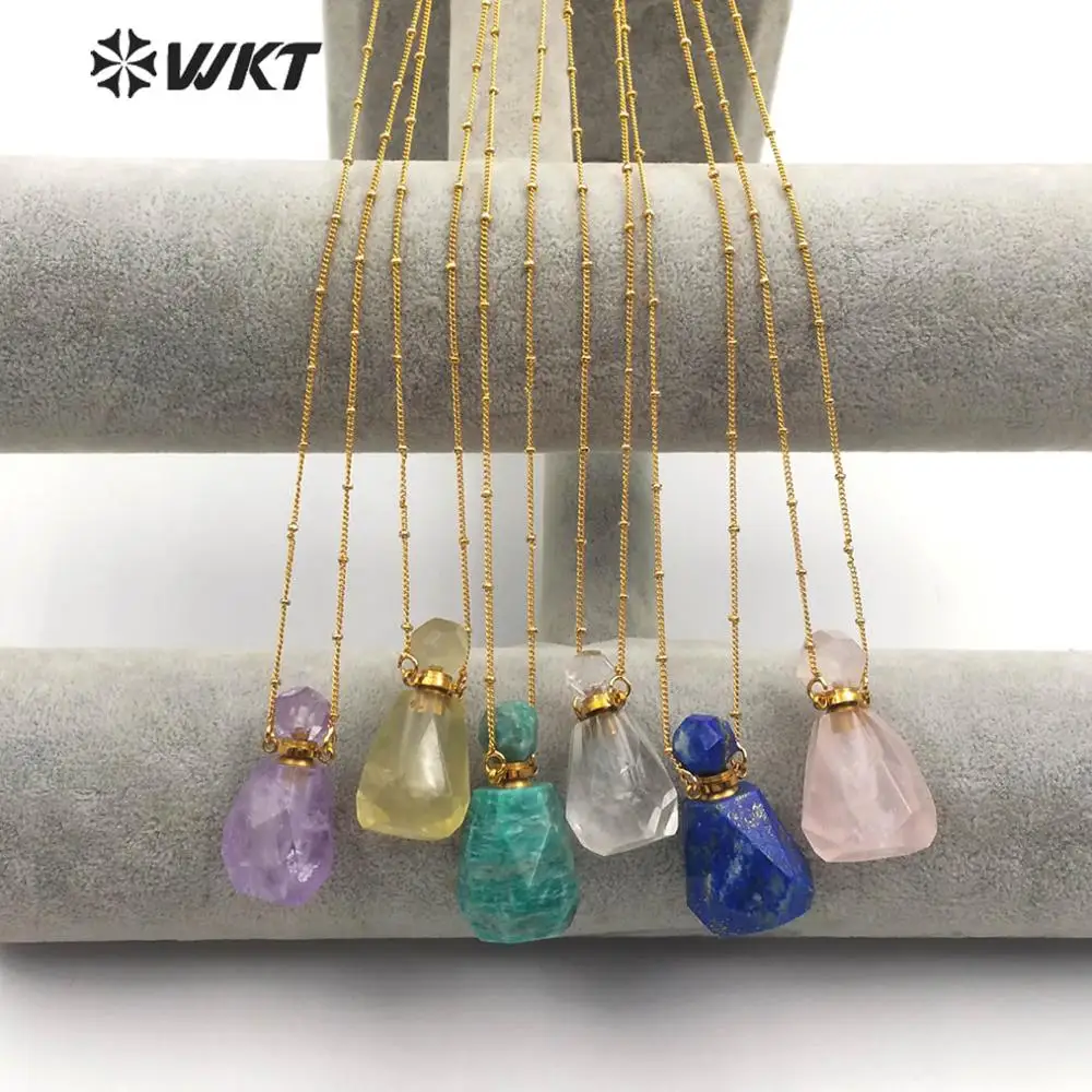 

WT-N1162 Perfume Bottle Natural Stone Necklace Gem stone Smokey With Gold Electroplated Ball Bead Chain Necklace Fashion Jewelry