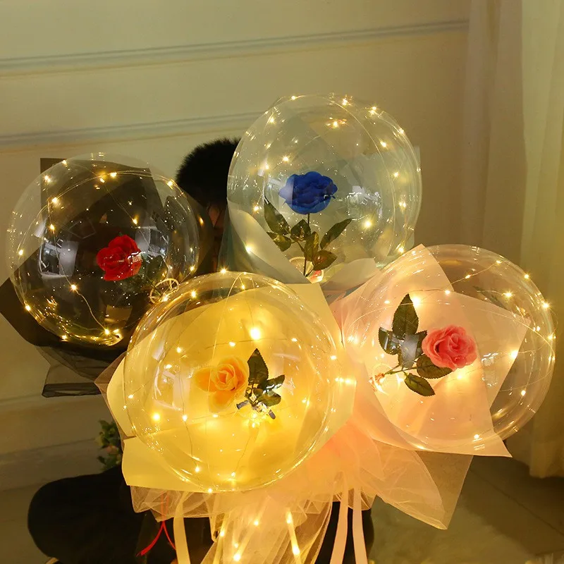 LED Luminous Balloon Rose Bouquet Transparent Bobo Ball Rose Valentines Day Gift Birthday Wedding Party Decoration Balloons