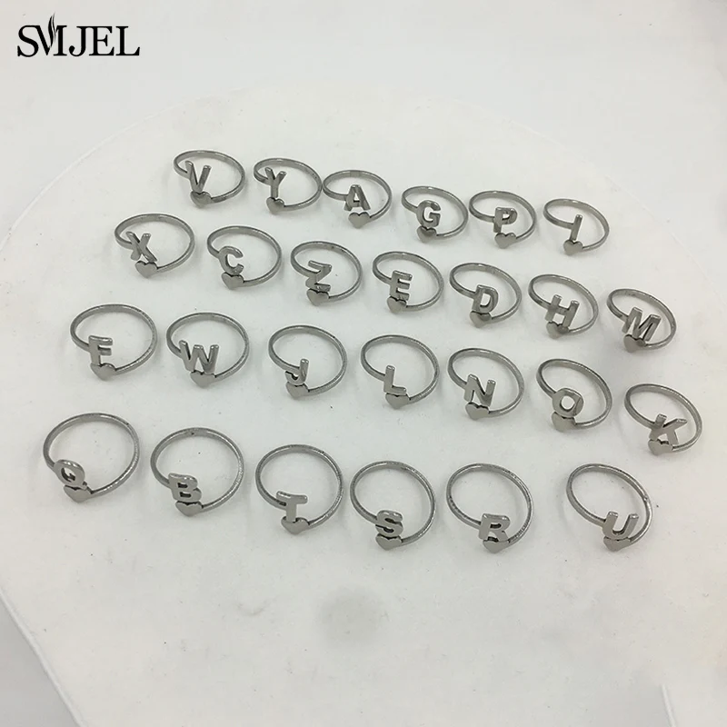 SMJEL Tiny Heart A-Z Letter Rings Adjustable Stainless Steel Opening Ring Initials Name Alphabet Female Party Trendy Jewelry