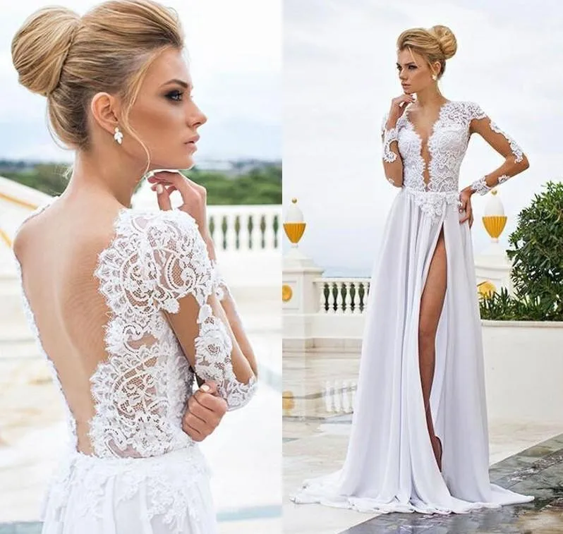 Gaun pernikahan pantai seksi 2024 renda tipis Appliqued lengan panjang leher V Backless Split gaun pengantin sifon jubah De Mariee