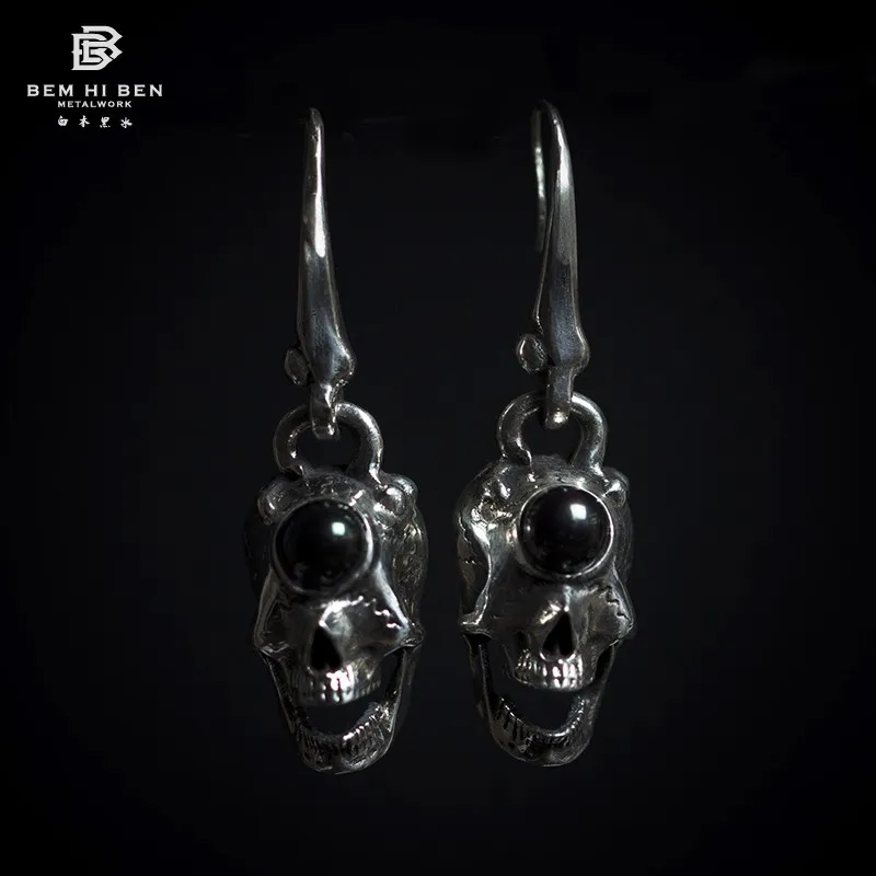 BEM HI BEN Men's Women's Earrings PEARL ONE-EYE Skull 925 sterling silver simple Original Hand made darkness customized engrave