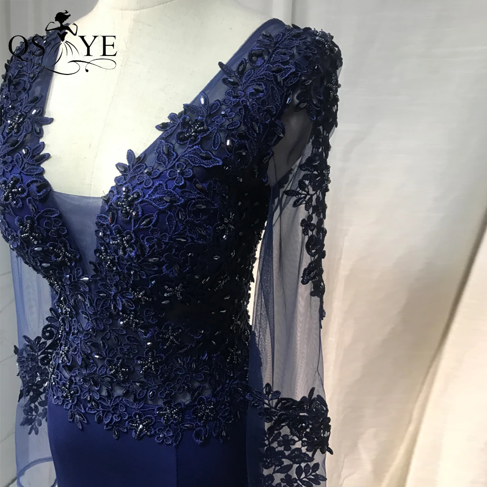 Qsyye Marine Ballkleid lange Ärmel dehnbare Meerjungfrau Applikationen Spitze Frauen formelle Party kleid elegant V-Ausschnitt dunkel blau Abendkleid