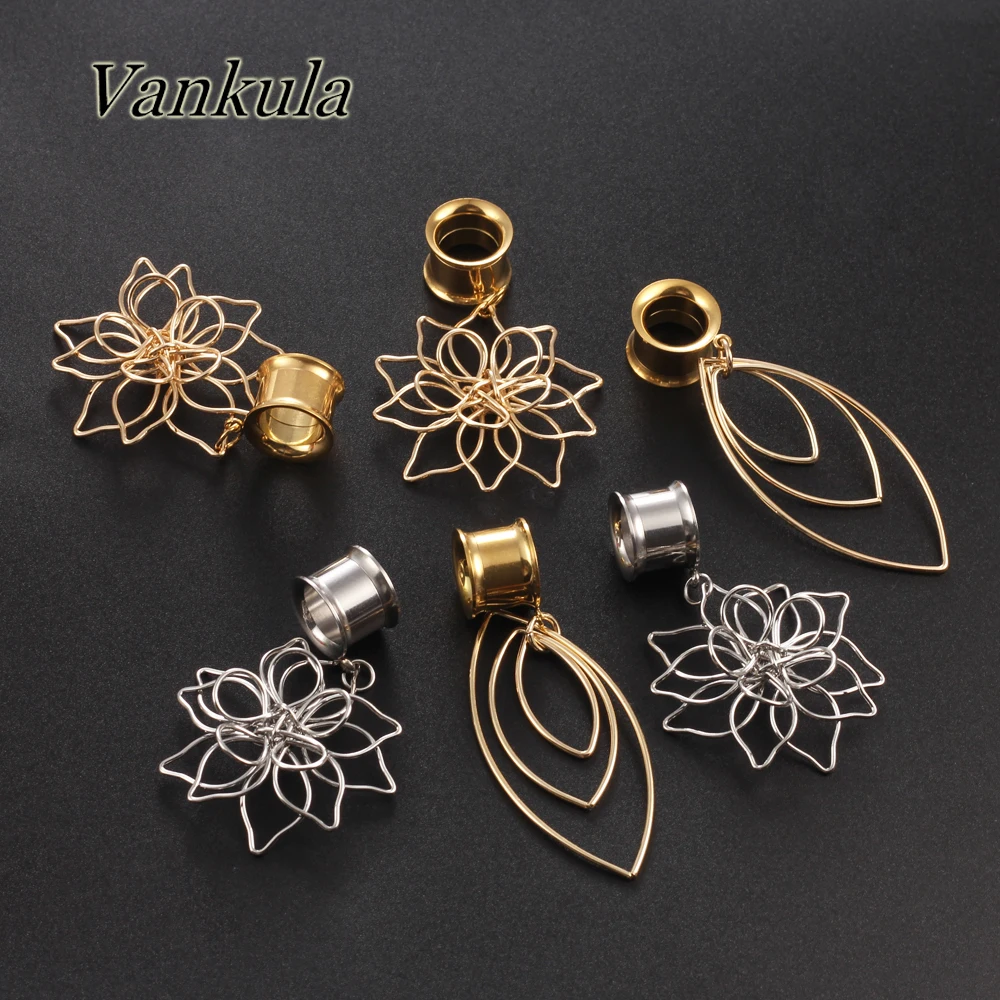 Vankula Hollow Flower Dangle Earrings Ear Plugs Tunnels Stainless Steel Gauges Stretcher Expander Flesh Piercing Body Jewelry