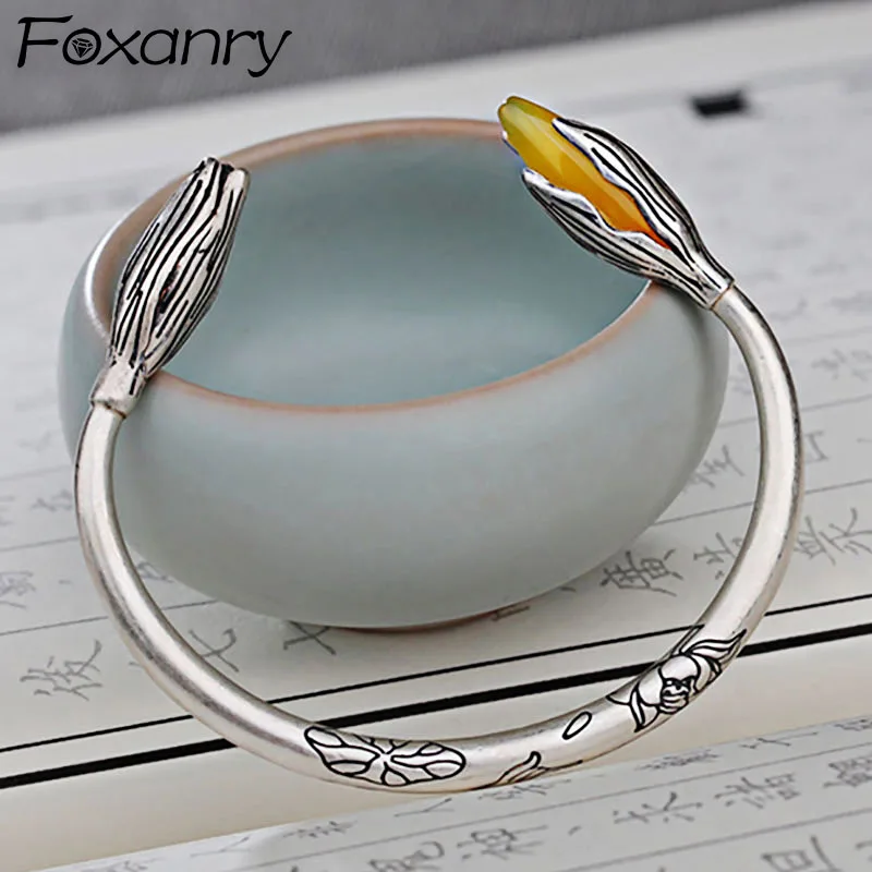 FOXANRY Vintage Simple Silver Color Flower Bangles & Bracelet for Women New Fashion Elegant Ethnic Party Jewelry Gifts