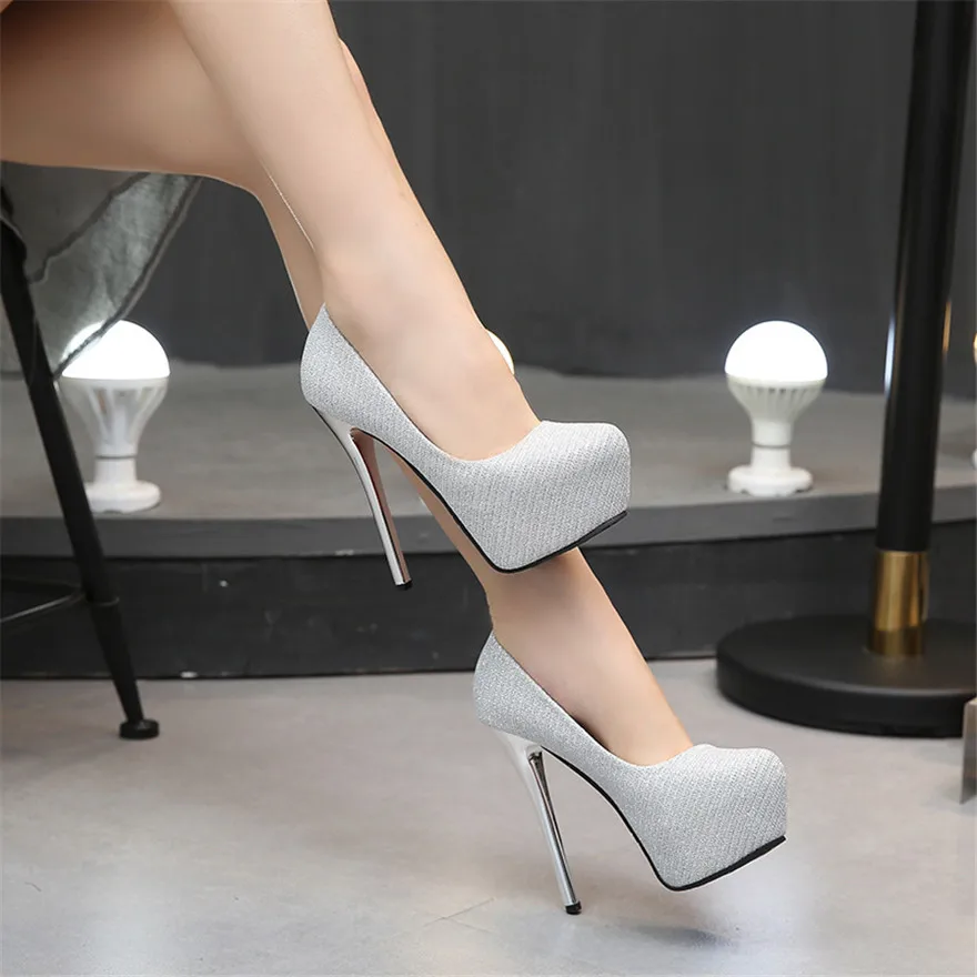 Silver Metal Heel Platform Pumps Women Shallow Sexy Sequined Cloth Super High Heels 14CM Round Toe Ladies Party Prom Shoes 2024