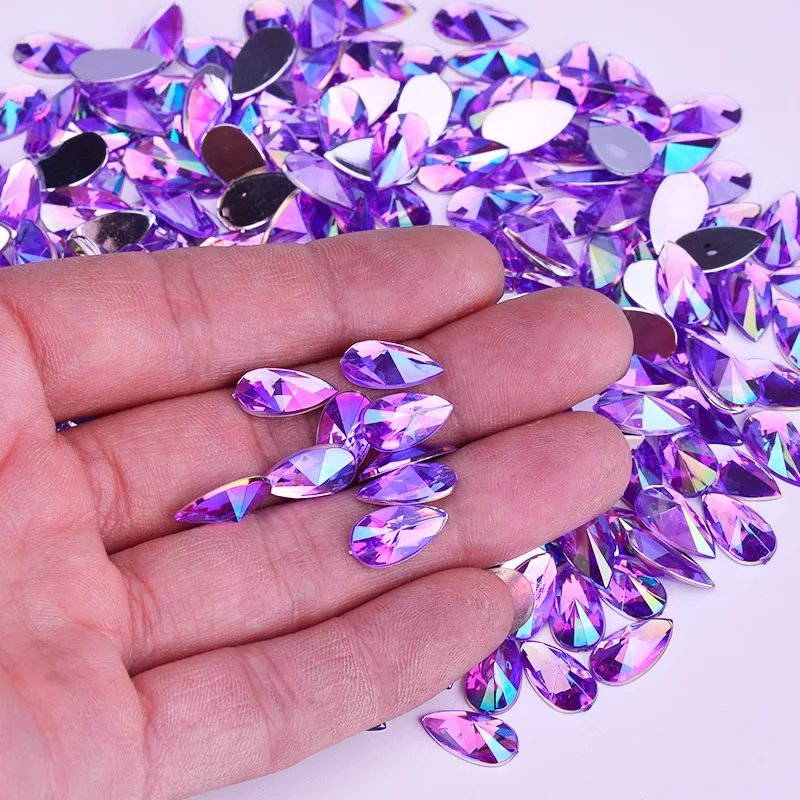 JUNAO 8x13mm 9x18mm Purple AB Crystal Drop Rhinestone Applique Flat Back Acrylic Crystal Stone Non Hotfix Strass Scrapbook Beads