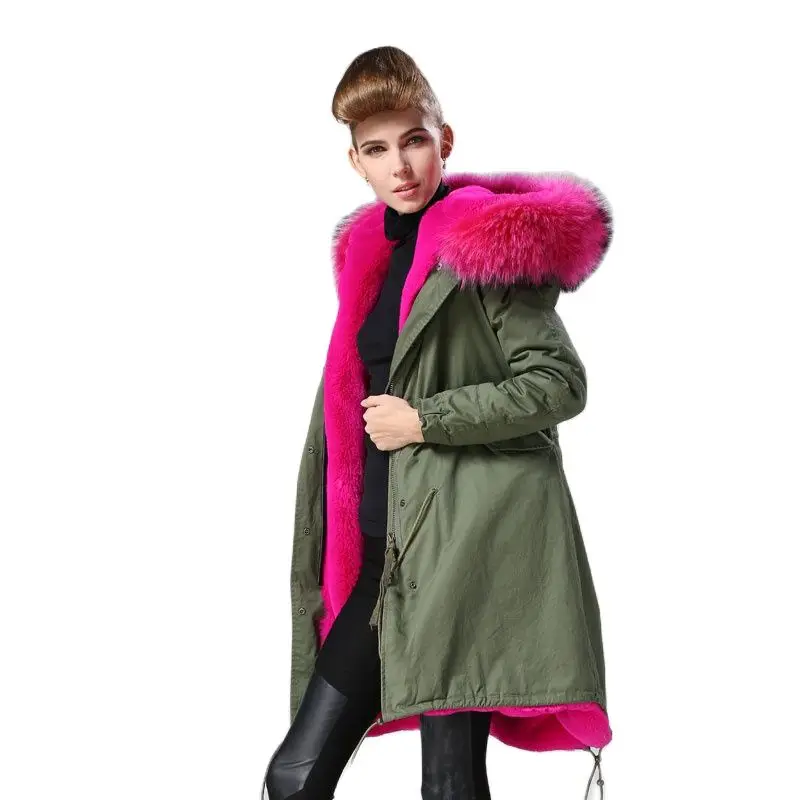 Veste longue en fourrure de raton laveur véritable pour femme, col de chien, parka chaude, manteau vert armée, rose chaud, mode, haut, hiver, M. et Mme