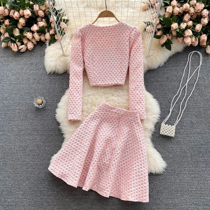 2021 Autumn Skirt Outfit Women Korean Slim Fit Square Collar Long Sleeve Coat Top+High Waist A- Line Skirt Two-Piece Set Fashion