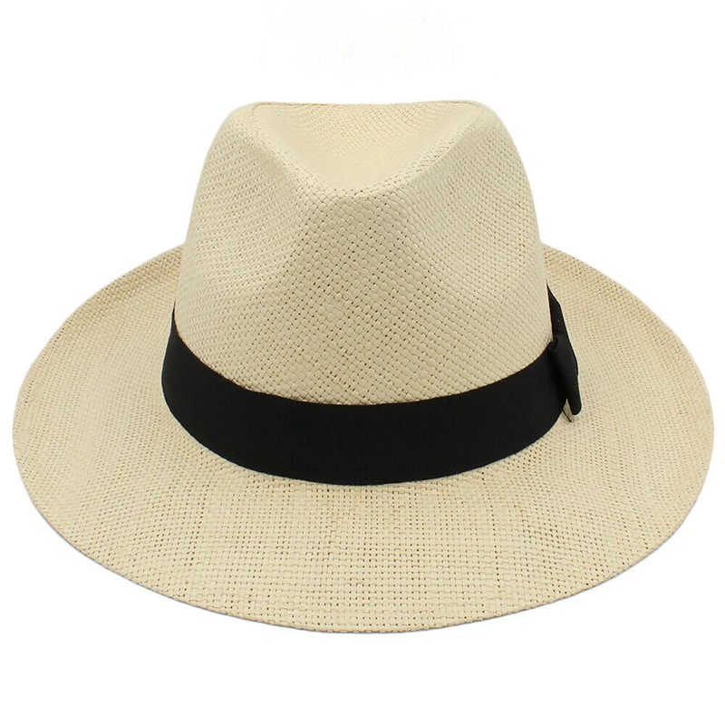 Men Women Straw Panama Hats Summer Wide Brim Sombrero Fedora Sunhats Feather Band Trilby Caps Outdoor Travel Size US 7 1/4 UK L