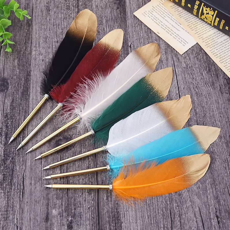 10 Pcs Feather ballpoint pen Creative spray gold feather pen ball Metal signature pen Brush Christmas gift Wedding signature pen