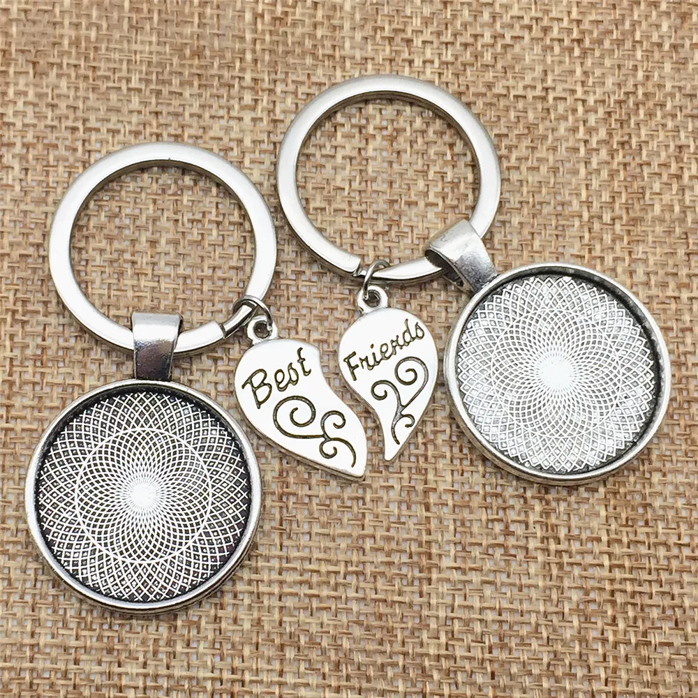 1Set Friendship Keychains Flower Cabochon Base Fit Round 25mm Best Friend Keychain Alloy Key Rings Jewelry Finding Diy Making