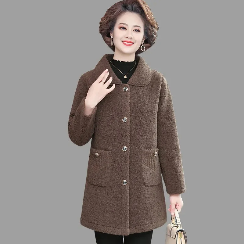 2022 XL-6XL Middle-Age Elderly Women\'s Clothing Thicken Imitation Lamb Wool Coat Mother\'s Winter Mid-Length Granular Velvet Coat