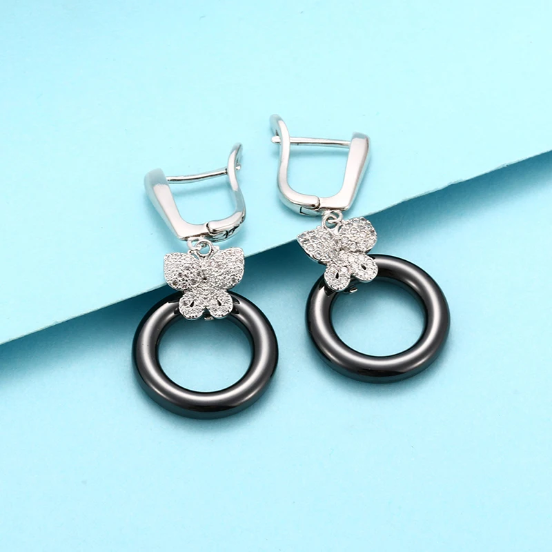 Fashion Butterfly Round Ceramic Earrings For Women Drop Earrings AAA Cubic Zirconia Real Natural Ceramic Wedding Jewlery Gifts